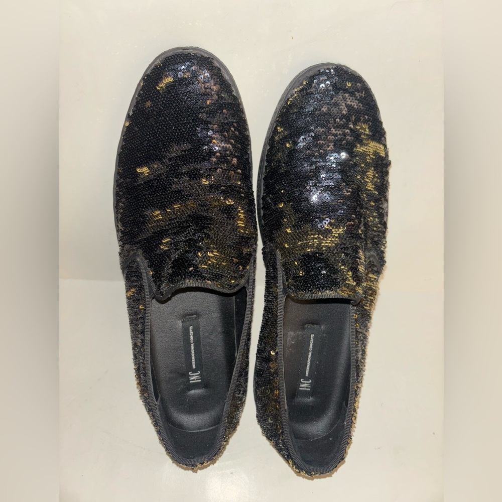 Men's Black and Gold  INC Flash Sequin Slip-On Sneakers Size 8 M USA
